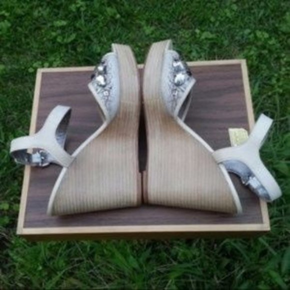 Coach Tan Leather Embellished Linen Stacked Platform Wedge Ankle Strap Shoes - Picture 11 of 14